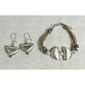 Bracelet & Earrings - Taupe Cord-Faux Pearls-Sterling Fittings-Dangle Earrings